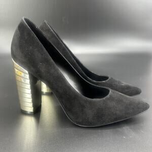 Nine West Zealand Womens 8.5M Black Suede Pointed Toe Dress Pumps Chrome Stacked